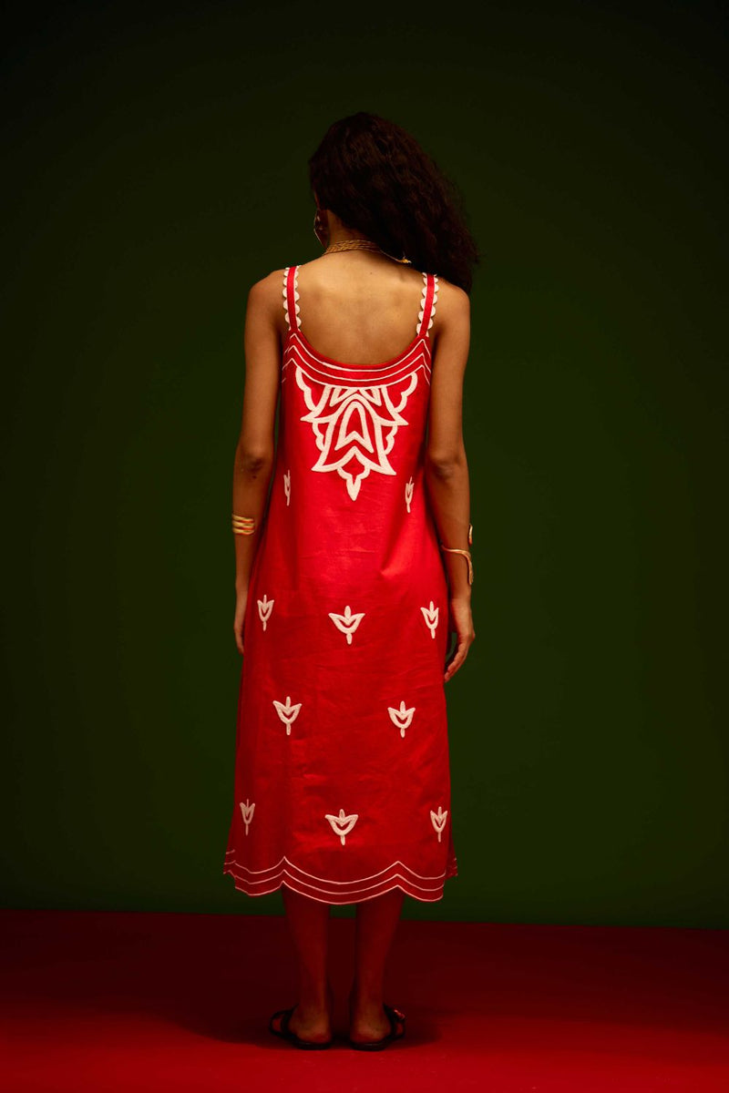 Scarlet Strappy Cotton Dress With Ivory Flame Thread Embroidery poplin by Indian Summer Story in orange color for women Worldwide