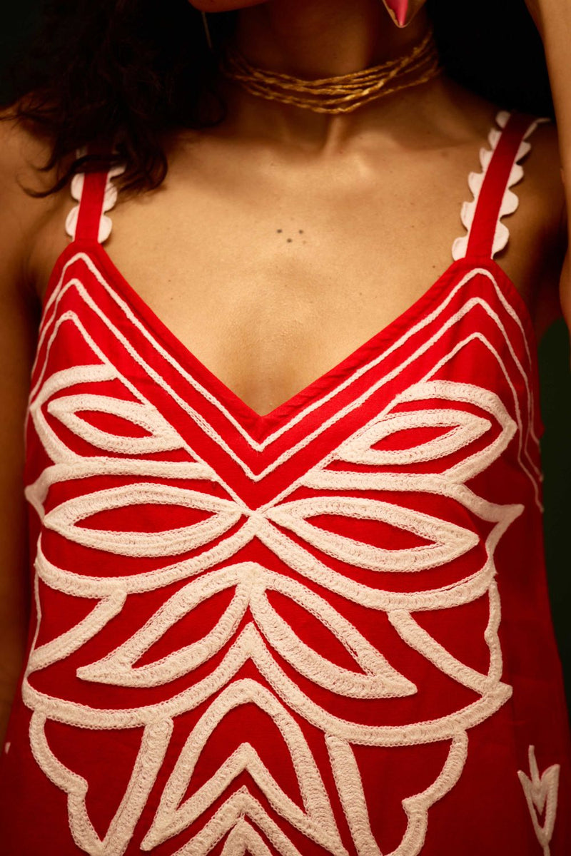 Scarlet Strappy Cotton Dress With Ivory Flame Thread Embroidery poplin by Indian Summer Story in orange color for women Worldwide