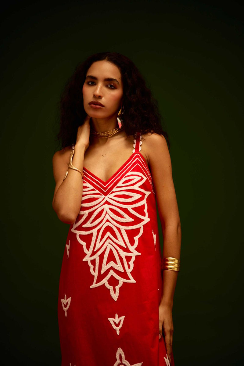 Scarlet Strappy Cotton Dress With Ivory Flame Thread Embroidery poplin by Indian Summer Story in orange color for women Worldwide