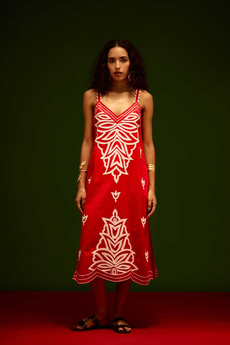 Scarlet Strappy Cotton Dress With Ivory Flame Thread Embroidery poplin by Indian Summer Story in orange color for women Worldwide