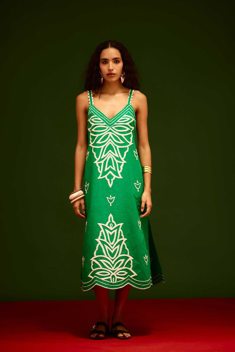 Avocado Green Strappy Cotton Dress With Ivory Flame Thread Embroidery poplin by Indian Summer Story in green color for women Worldwide