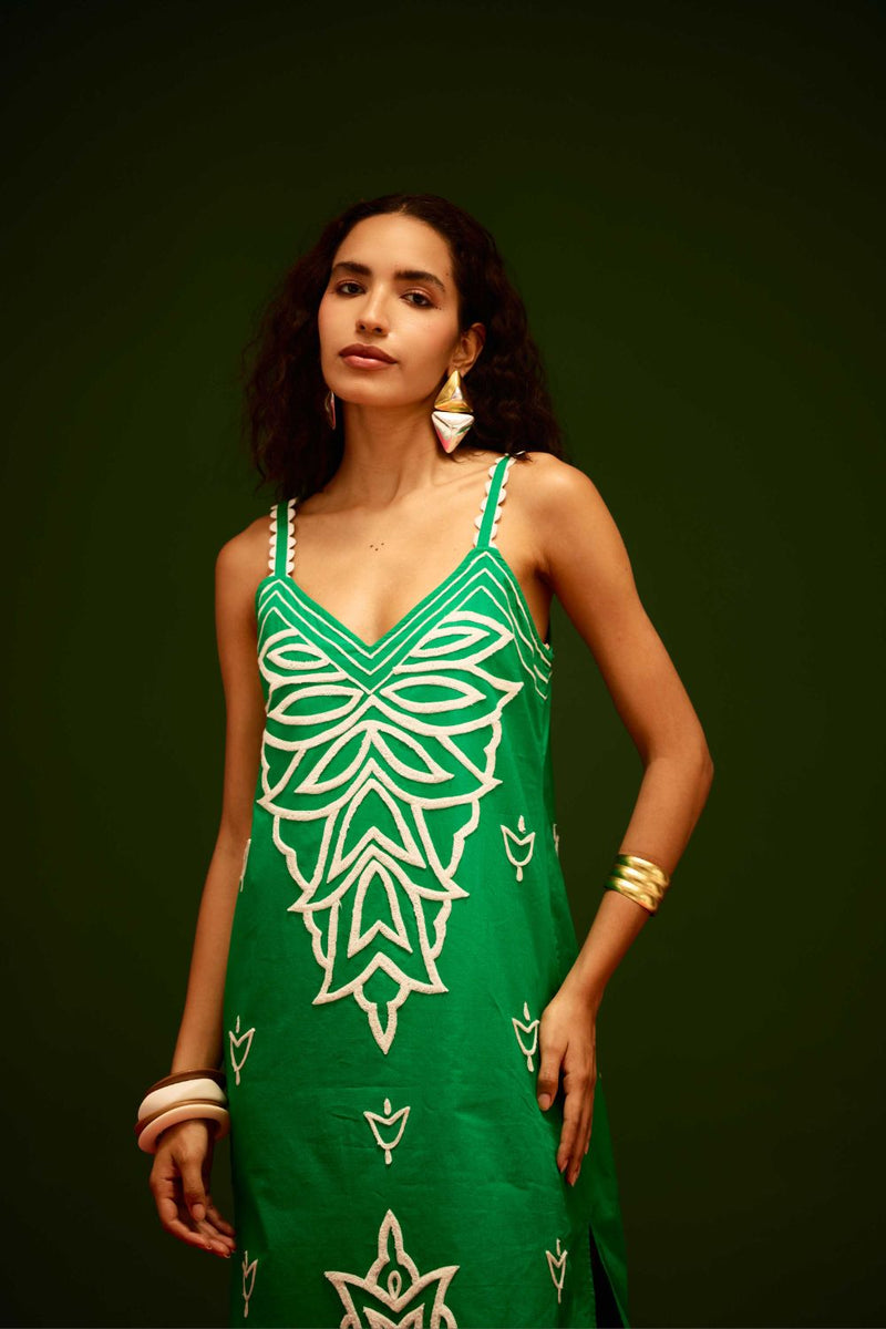 Avocado Green Strappy Cotton Dress With Ivory Flame Thread Embroidery poplin by Indian Summer Story in green color for women Worldwide