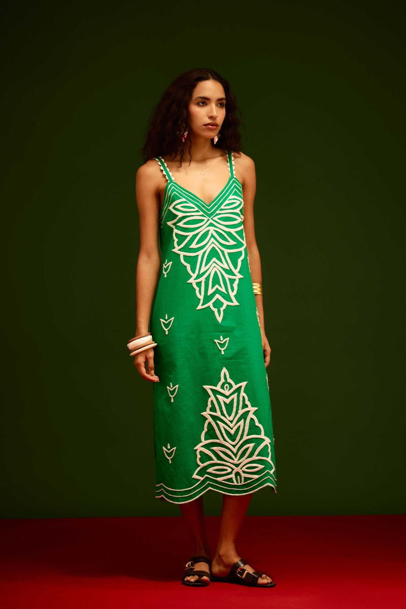 Avocado Green Strappy Cotton Dress With Ivory Flame Thread Embroidery poplin by Indian Summer Story in green color for women Worldwide