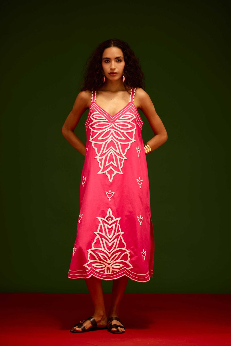 Fuchsia Strappy Cotton Dress With Ivory Flame Thread Embroidery poplin by Indian Summer Story in pink color for women Worldwide