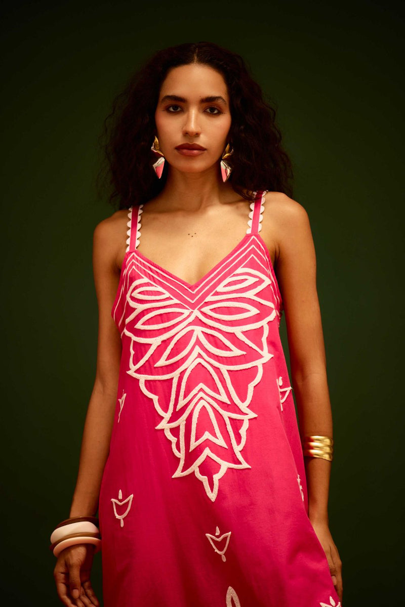 Fuchsia Strappy Cotton Dress With Ivory Flame Thread Embroidery poplin by Indian Summer Story in pink color for women Worldwide