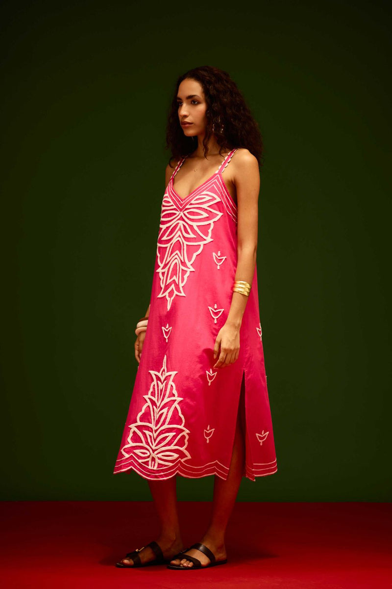Fuchsia Strappy Cotton Dress With Ivory Flame Thread Embroidery poplin by Indian Summer Story in pink color for women Worldwide