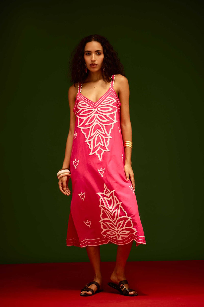 Fuchsia Strappy Cotton Dress With Ivory Flame Thread Embroidery poplin by Indian Summer Story in pink color for women Worldwide