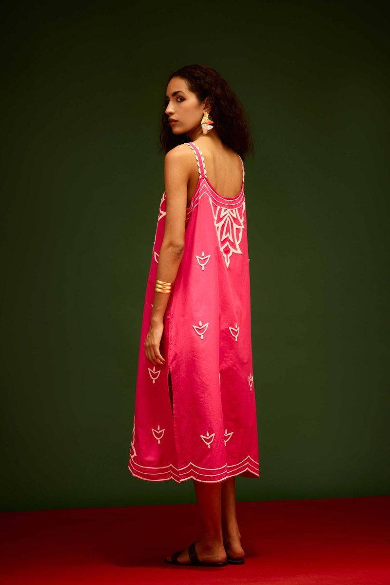 Fuchsia Strappy Cotton Dress With Ivory Flame Thread Embroidery poplin by Indian Summer Story in pink color for women Worldwide