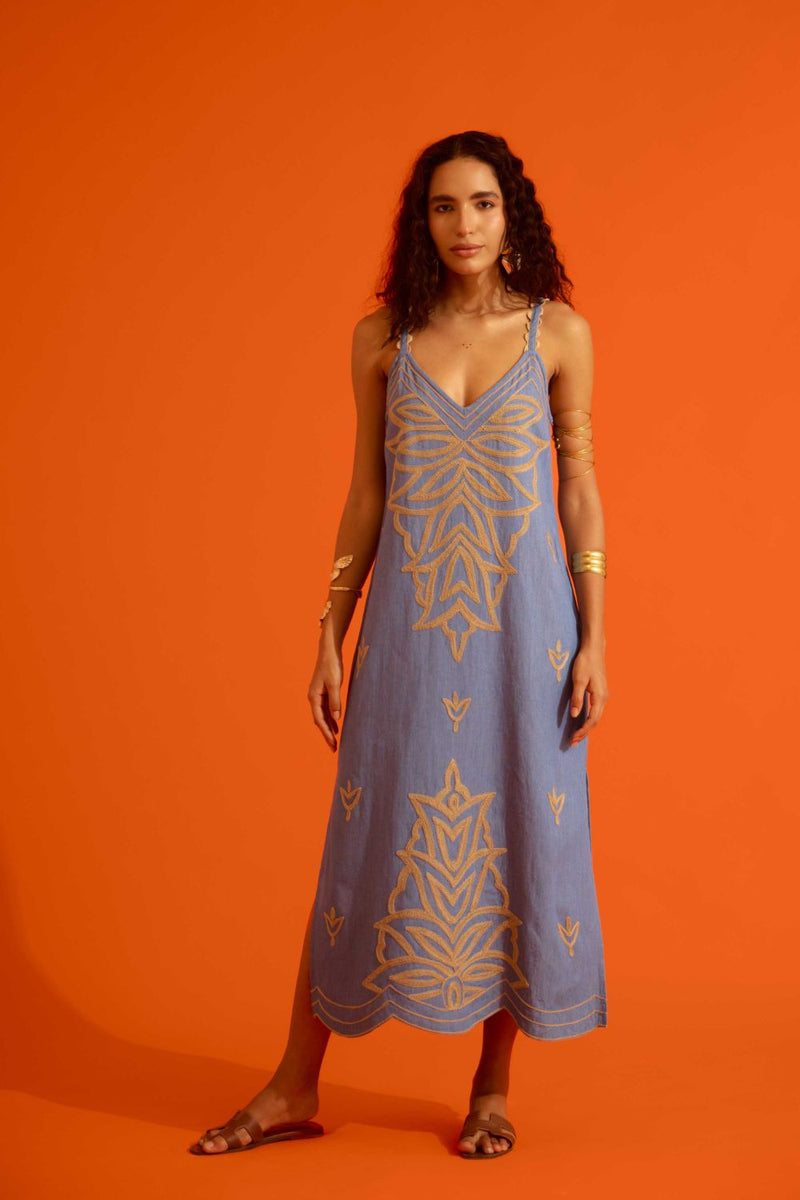 Denim Blue Strappy Dress With Natural Flame Thread Embroidery by Indian Summer Story in blue color for women Worldwide