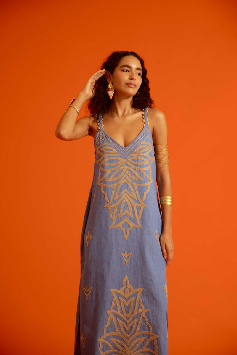 Denim Blue Strappy Dress With Natural Flame Thread Embroidery by Indian Summer Story in blue color for women Worldwide