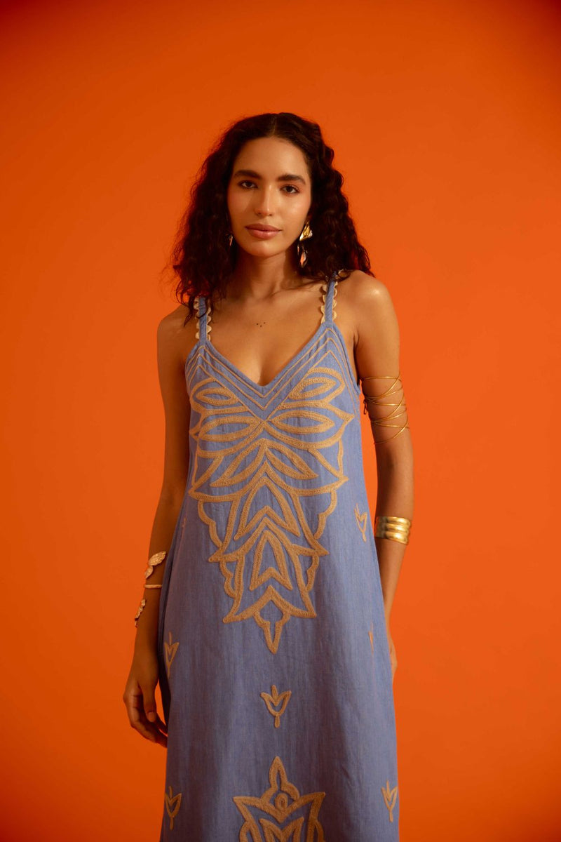 Denim Blue Strappy Dress With Natural Flame Thread Embroidery by Indian Summer Story in blue color for women Worldwide