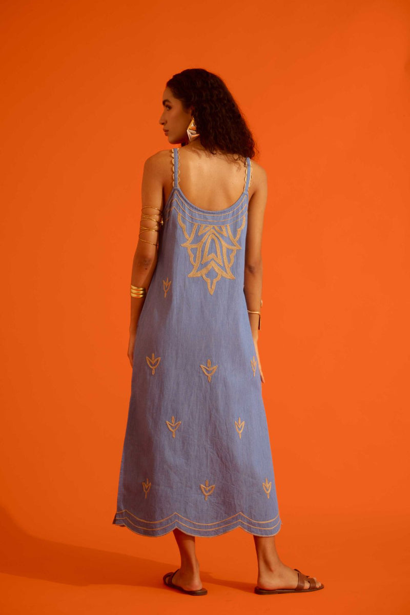 Denim Blue Strappy Dress With Natural Flame Thread Embroidery by Indian Summer Story in blue color for women Worldwide