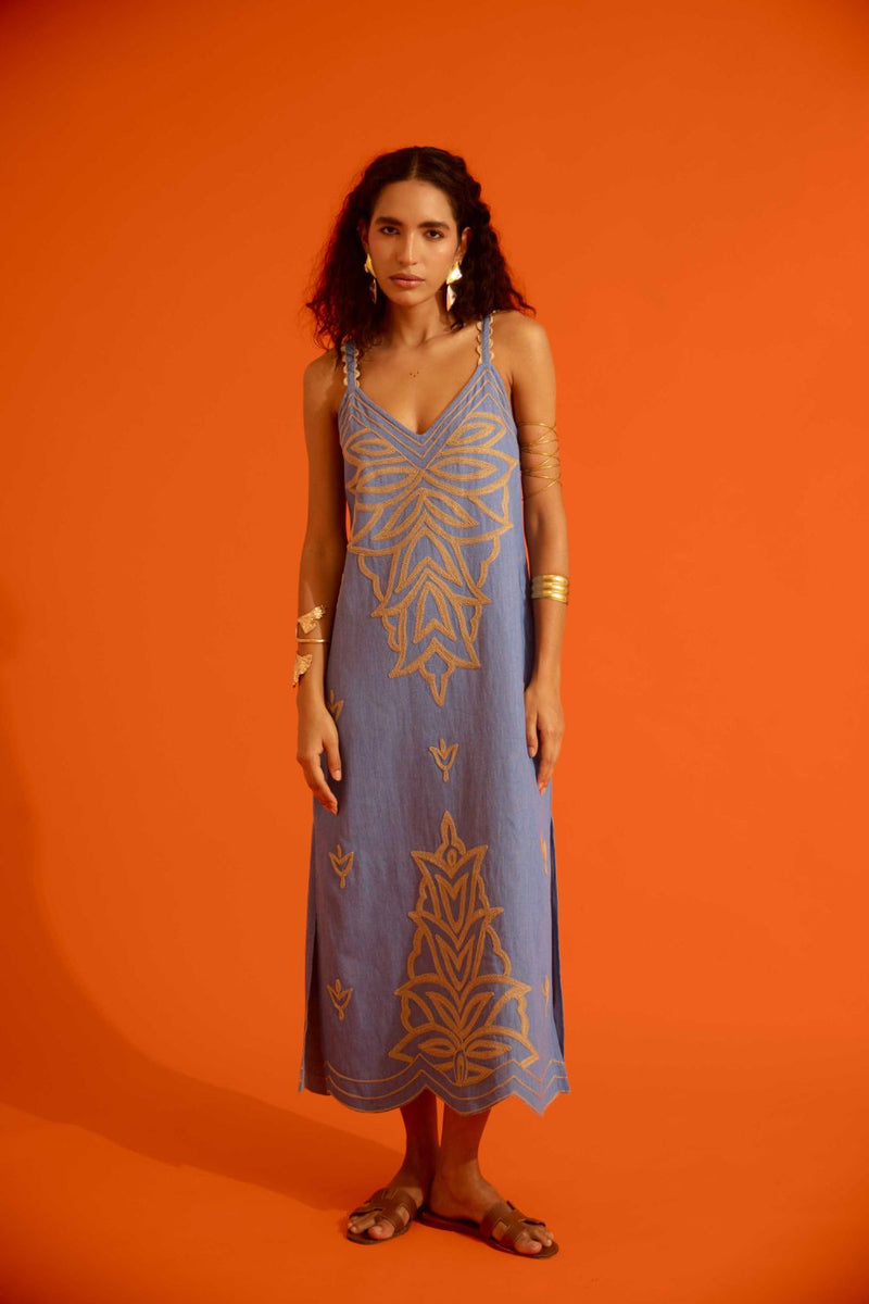Denim Blue Strappy Dress With Natural Flame Thread Embroidery by Indian Summer Story in blue color for women Worldwide
