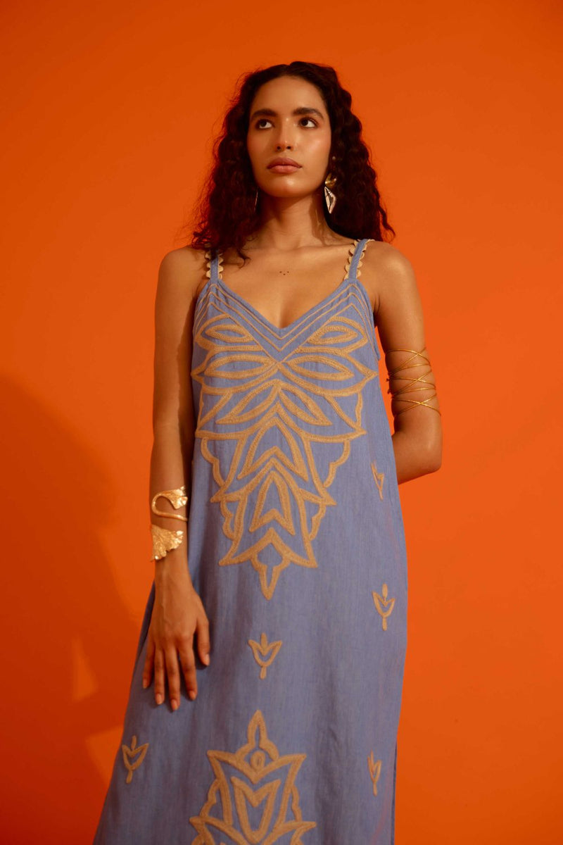 Denim Blue Strappy Dress With Natural Flame Thread Embroidery by Indian Summer Story in blue color for women Worldwide