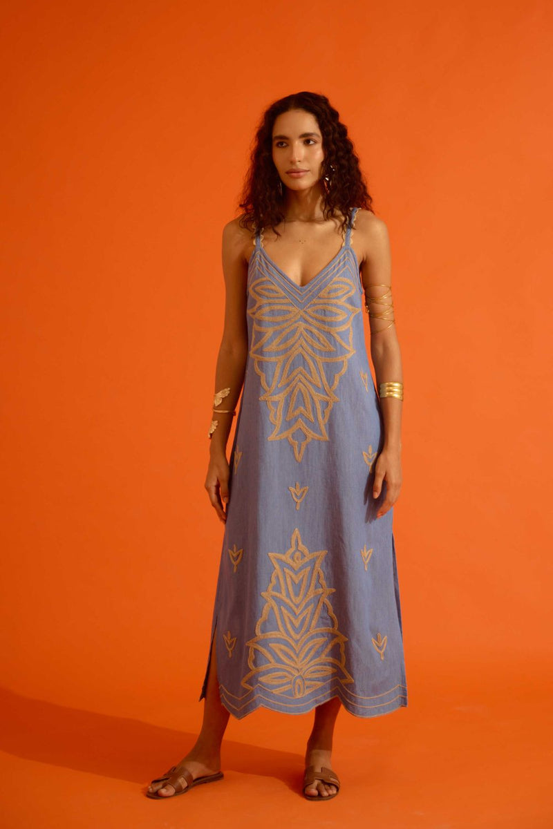 Denim Blue Strappy Dress With Natural Flame Thread Embroidery by Indian Summer Story in blue color for women Worldwide