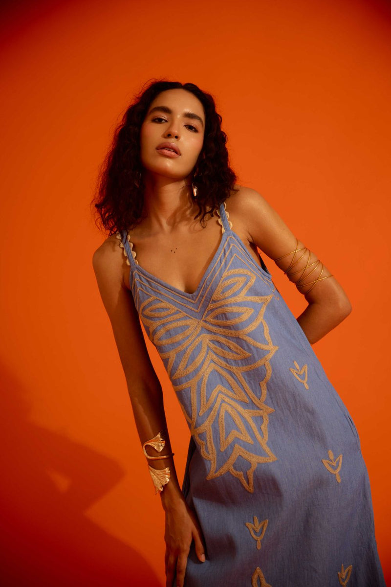 Denim Blue Strappy Dress With Natural Flame Thread Embroidery by Indian Summer Story in blue color for women Worldwide