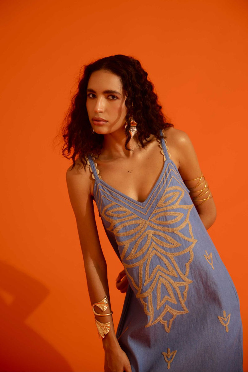Denim Blue Strappy Dress With Natural Flame Thread Embroidery by Indian Summer Story in blue color for women Worldwide