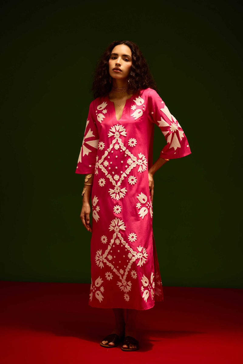 Fuchsia With Ivory Sitara Thread Embroidery Cotton Maxi Dress poplin by Indian Summer Story in pink color for women Worldwide