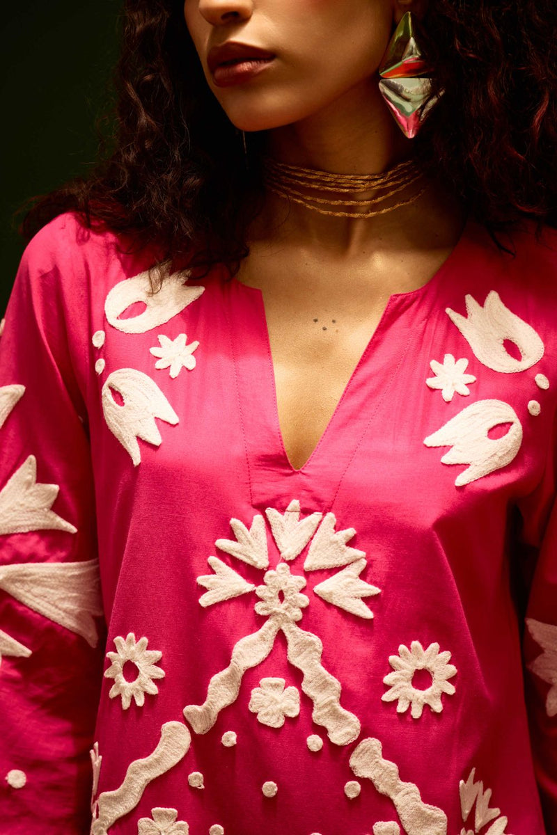 Fuchsia With Ivory Sitara Thread Embroidery Cotton Maxi Dress poplin by Indian Summer Story in pink color for women Worldwide