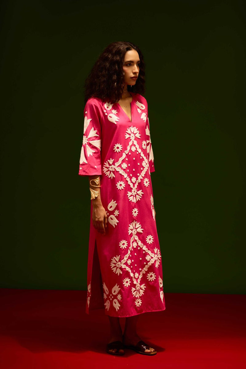 Fuchsia With Ivory Sitara Thread Embroidery Cotton Maxi Dress poplin by Indian Summer Story in pink color for women Worldwide