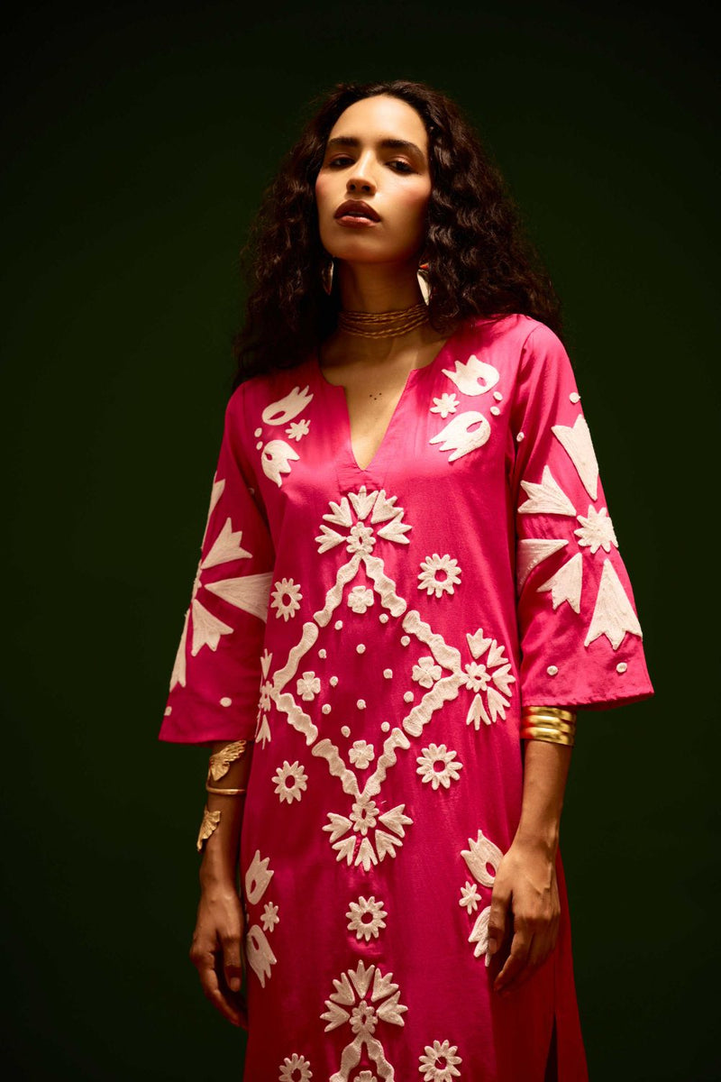 Fuchsia With Ivory Sitara Thread Embroidery Cotton Maxi Dress poplin by Indian Summer Story in pink color for women Worldwide