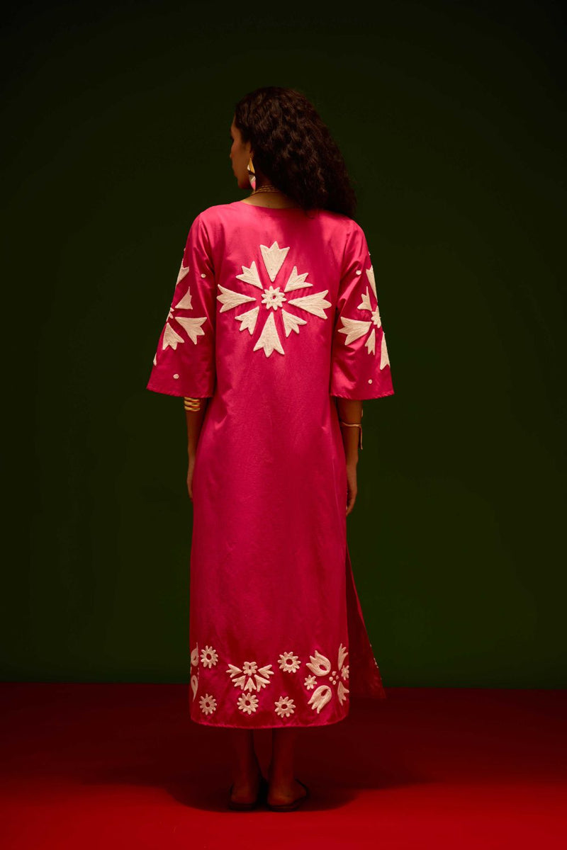 Fuchsia With Ivory Sitara Thread Embroidery Cotton Maxi Dress poplin by Indian Summer Story in pink color for women Worldwide
