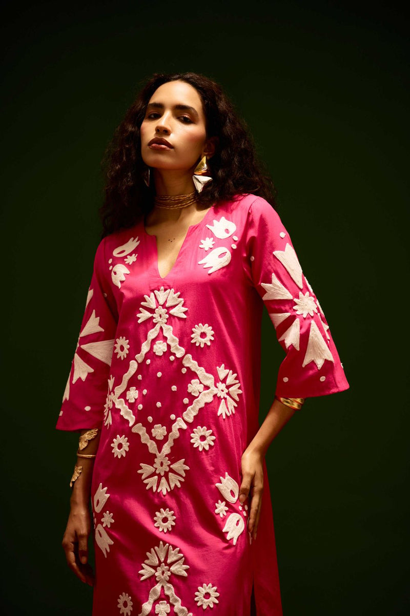 Fuchsia With Ivory Sitara Thread Embroidery Cotton Maxi Dress poplin by Indian Summer Story in pink color for women Worldwide
