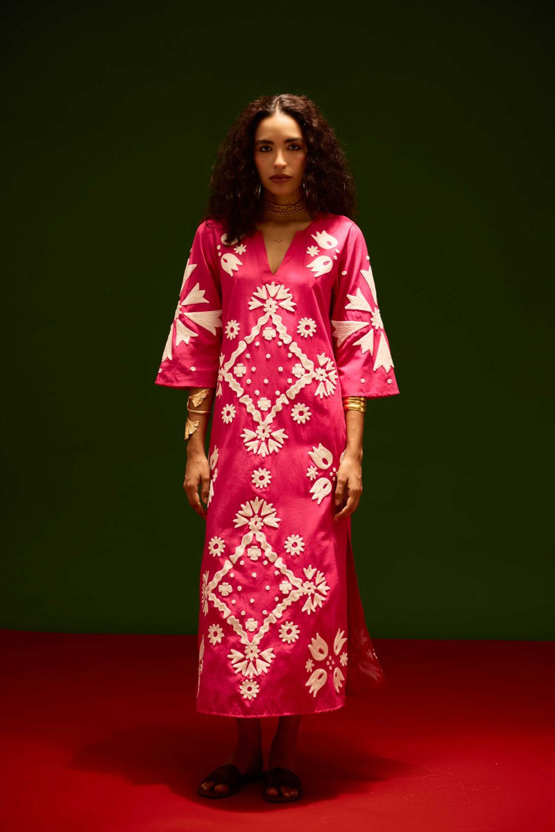 Fuchsia With Ivory Sitara Thread Embroidery Cotton Maxi Dress poplin by Indian Summer Story in pink color for women Worldwide