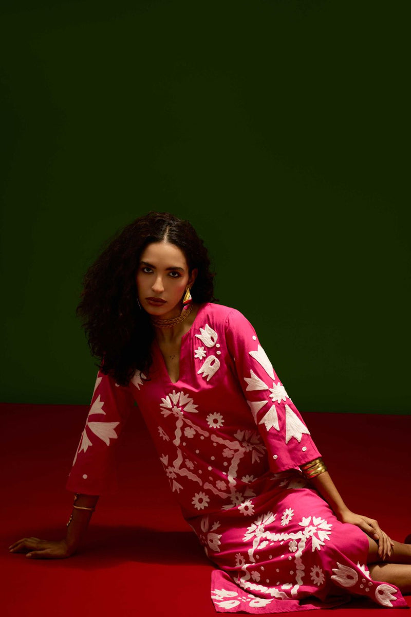 Fuchsia With Ivory Sitara Thread Embroidery Cotton Maxi Dress poplin by Indian Summer Story in pink color for women Worldwide
