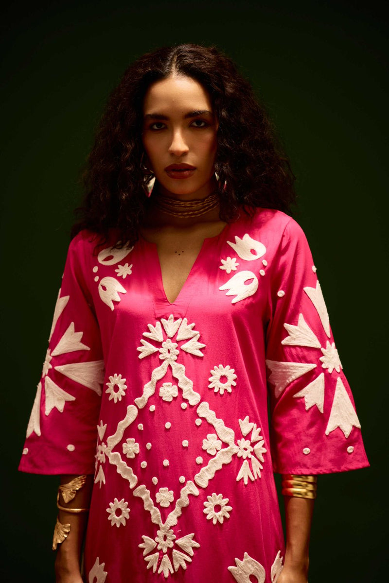 Fuchsia With Ivory Sitara Thread Embroidery Cotton Maxi Dress poplin by Indian Summer Story in pink color for women Worldwide