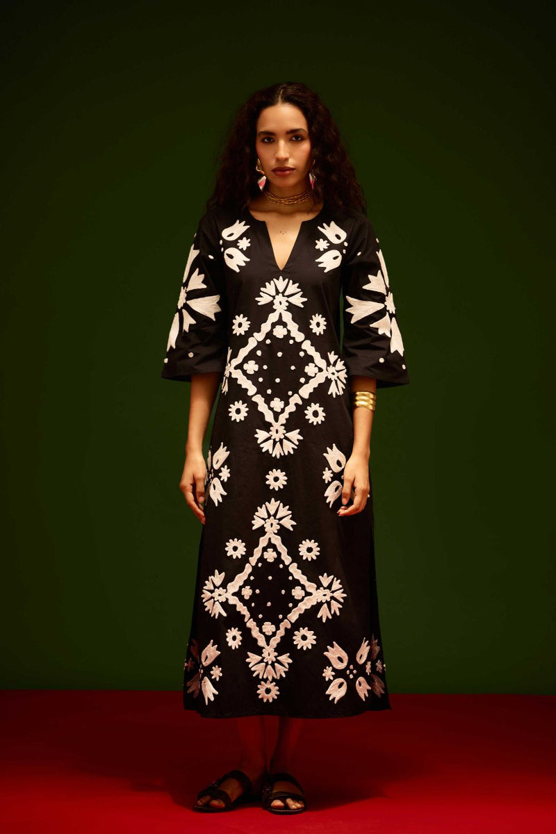 Black With Ivory Sitara Thread Embroidery Cotton Maxi Dress poplin by Indian Summer Story in black color for women Worldwide
