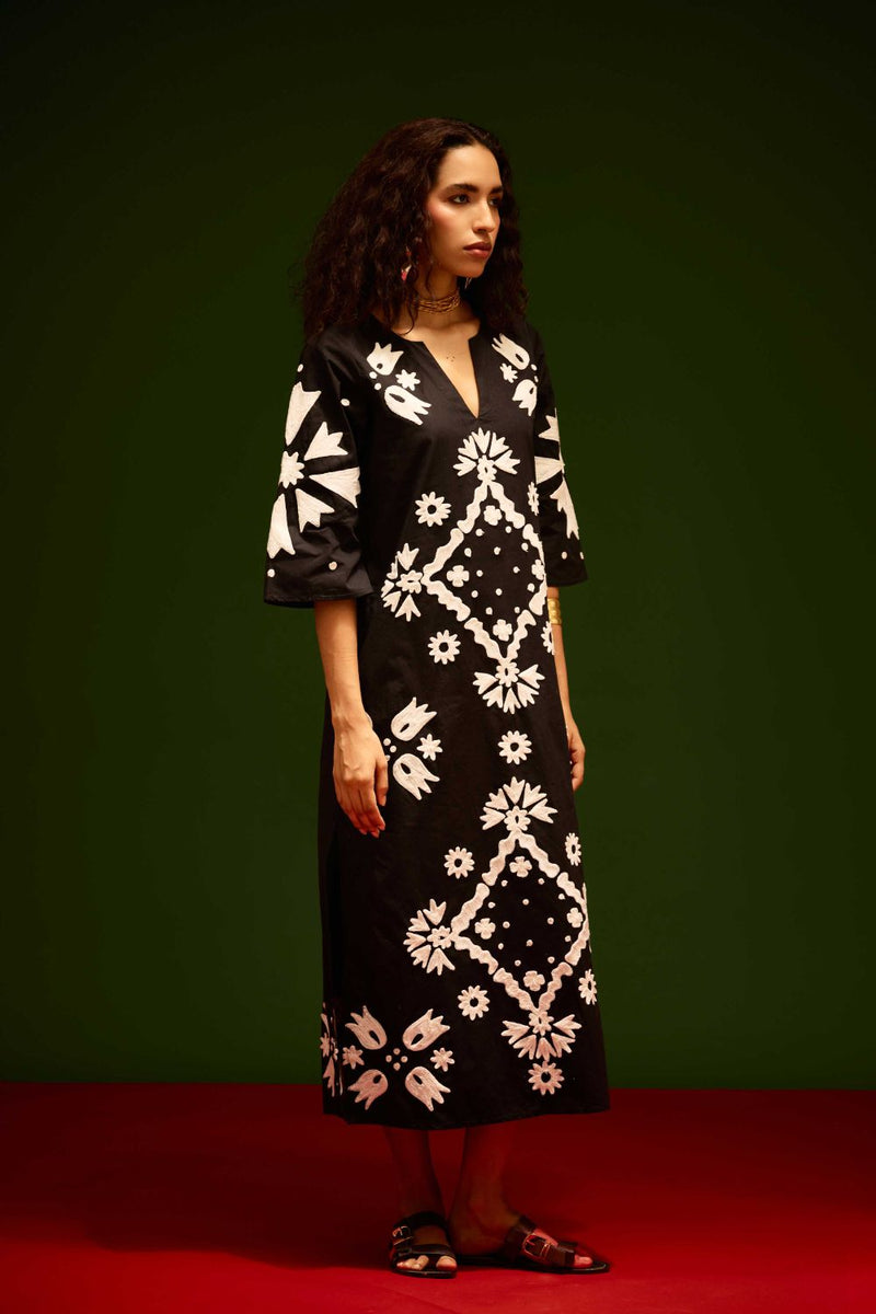 Black With Ivory Sitara Thread Embroidery Cotton Maxi Dress poplin by Indian Summer Story in black color for women Worldwide