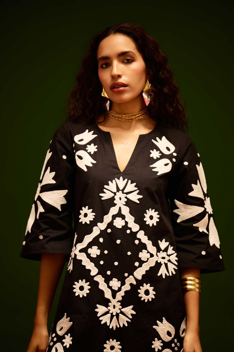 Black With Ivory Sitara Thread Embroidery Cotton Maxi Dress poplin by Indian Summer Story in black color for women Worldwide