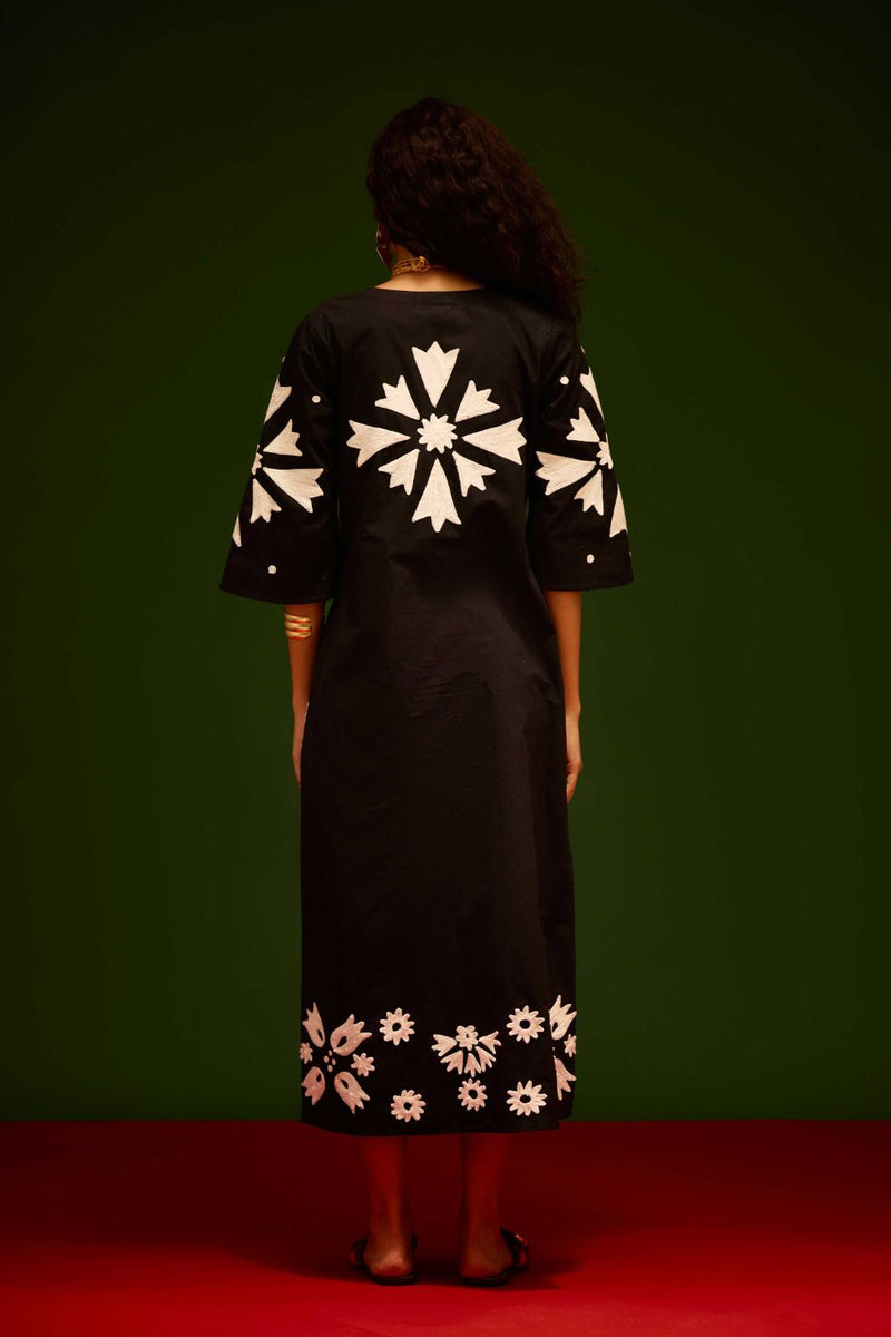 Black With Ivory Sitara Thread Embroidery Cotton Maxi Dress poplin by Indian Summer Story in black color for women Worldwide