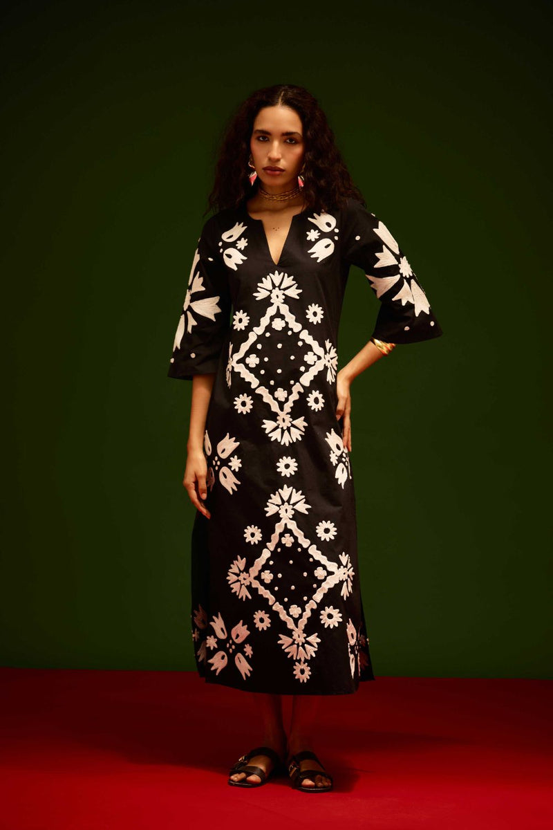 Black With Ivory Sitara Thread Embroidery Cotton Maxi Dress poplin by Indian Summer Story in black color for women Worldwide