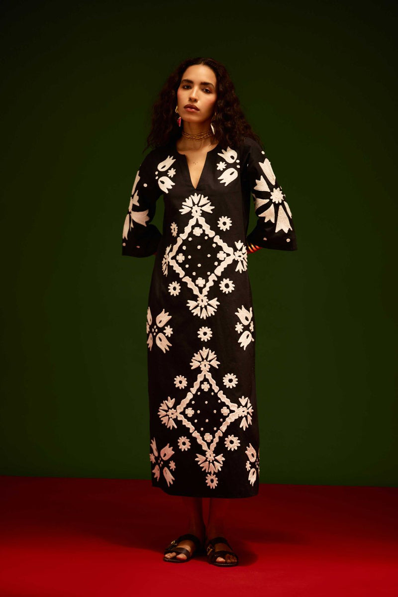 Black With Ivory Sitara Thread Embroidery Cotton Maxi Dress poplin by Indian Summer Story in black color for women Worldwide
