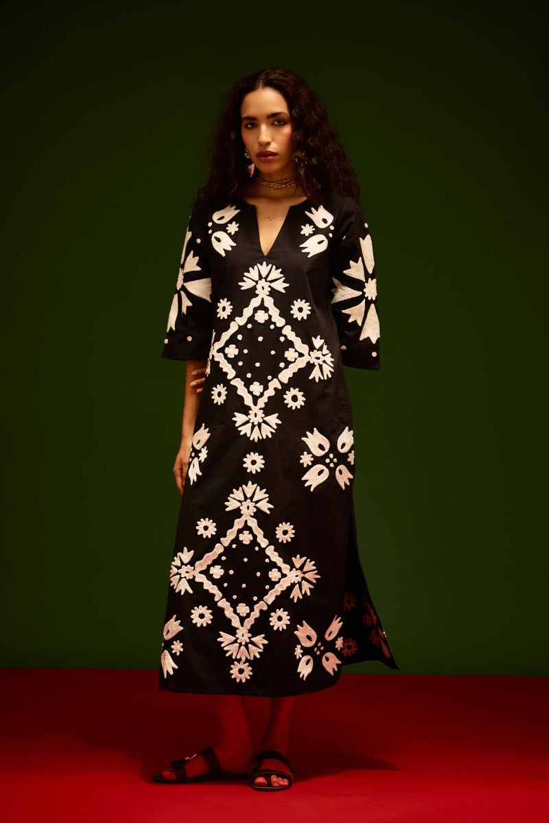 Black With Ivory Sitara Thread Embroidery Cotton Maxi Dress poplin by Indian Summer Story in black color for women Worldwide