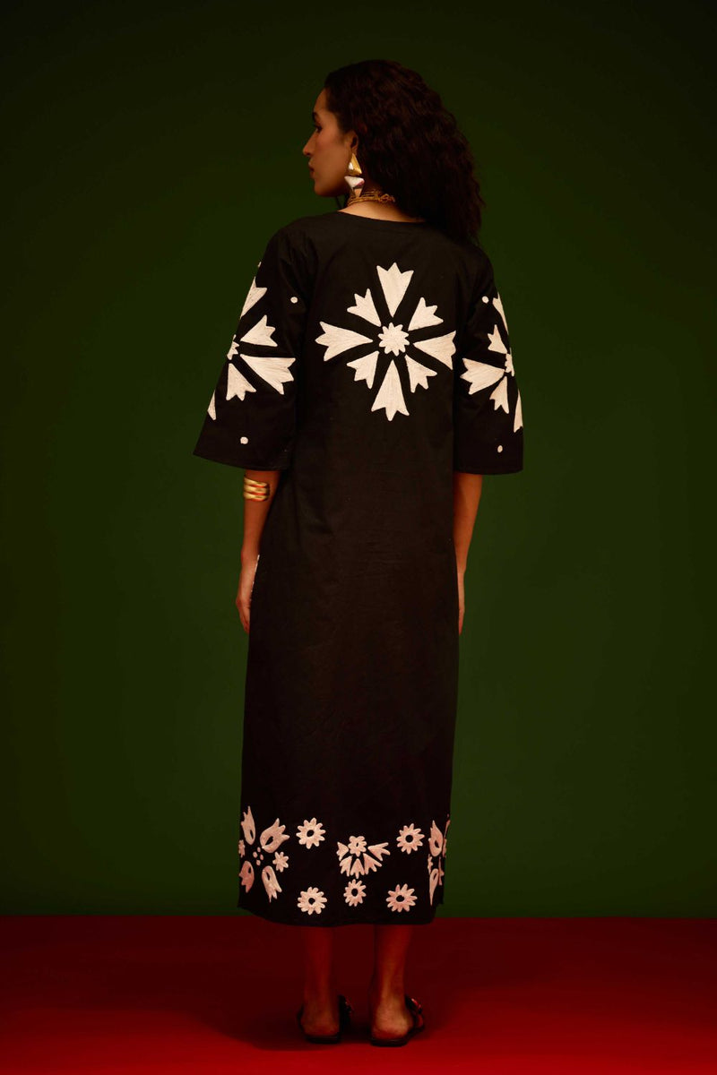 Black With Ivory Sitara Thread Embroidery Cotton Maxi Dress poplin by Indian Summer Story in black color for women Worldwide