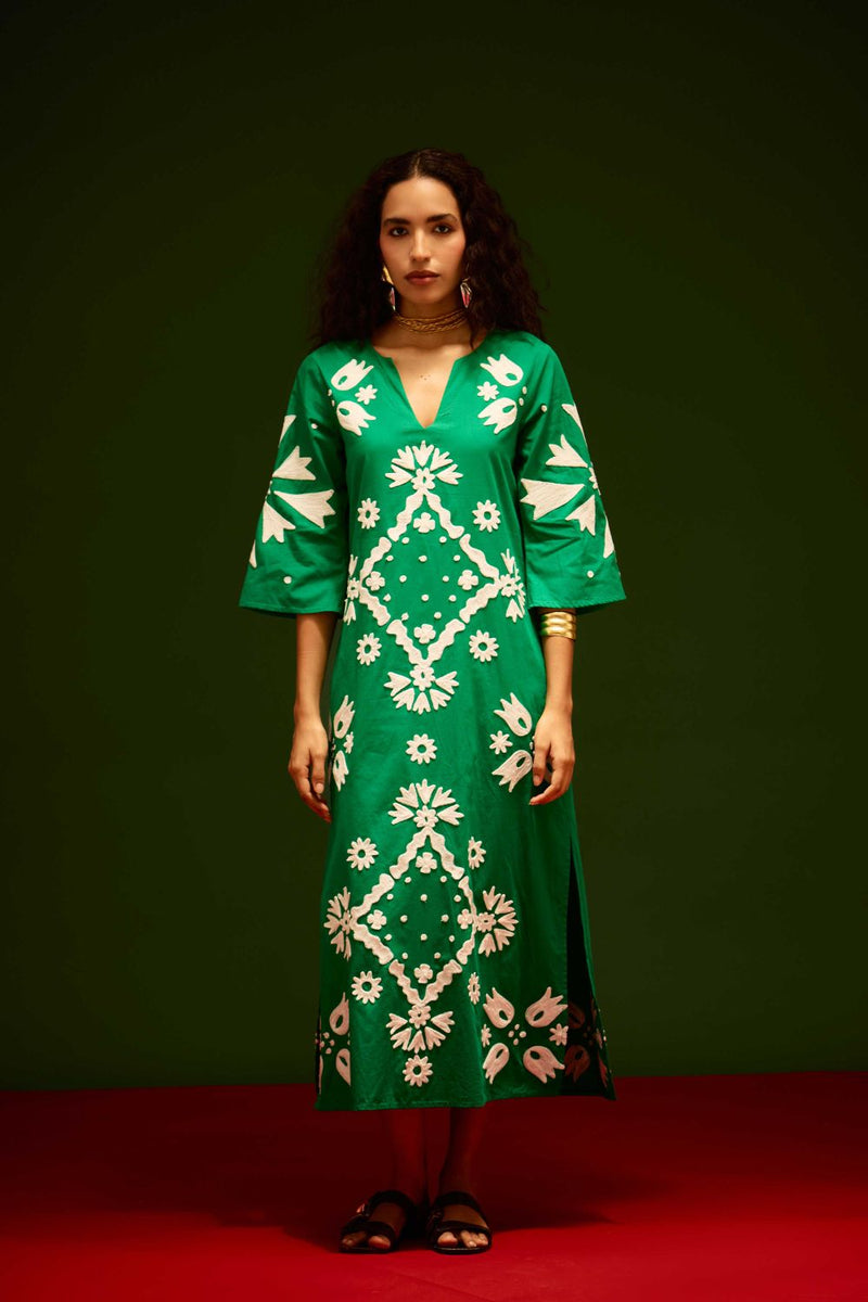 Avocado Green With Ivory Sitara Thread Embroidery Cotton Maxi Dress poplin by Indian Summer Story in green color for women Worldwide