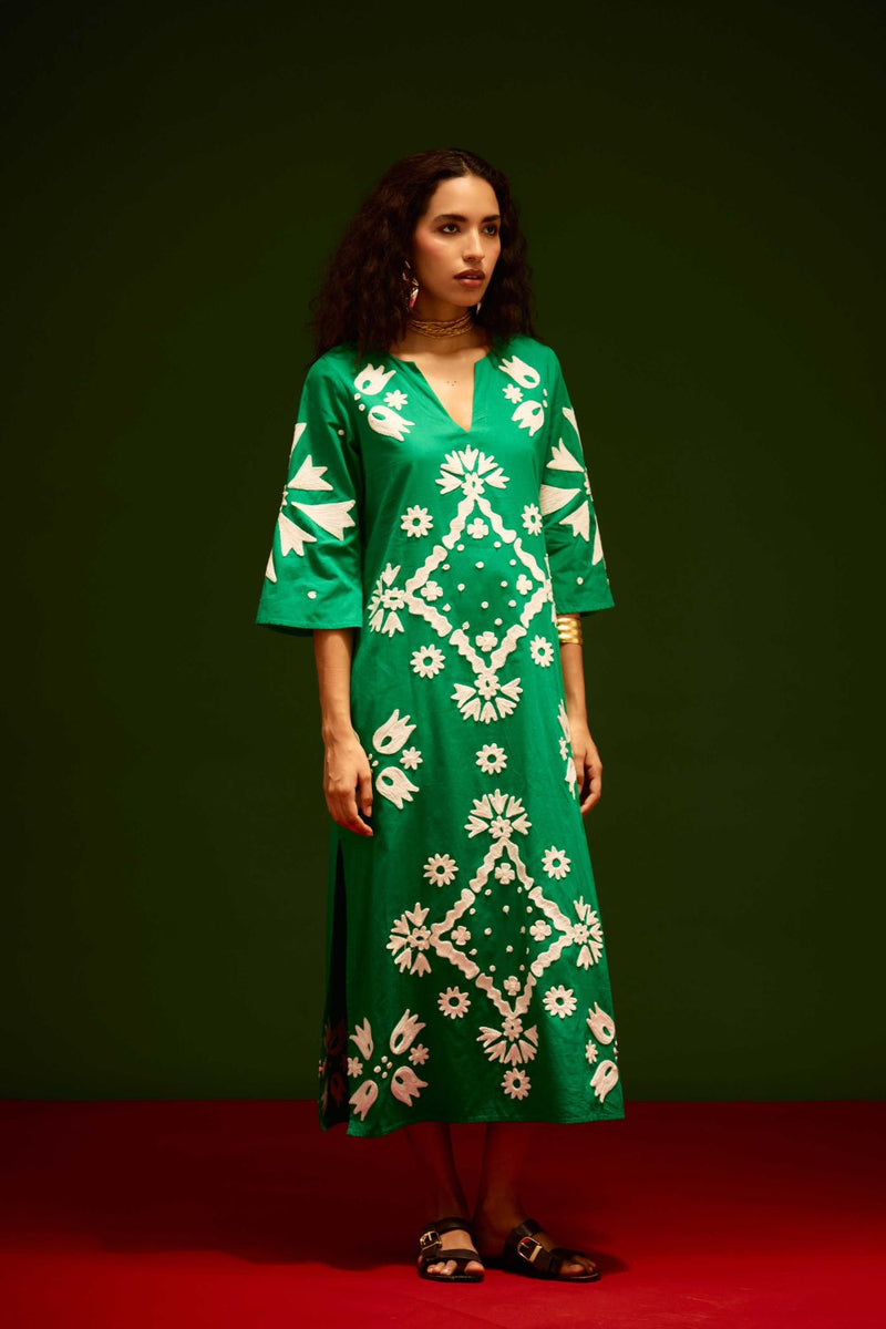 Avocado Green With Ivory Sitara Thread Embroidery Cotton Maxi Dress poplin by Indian Summer Story in green color for women Worldwide