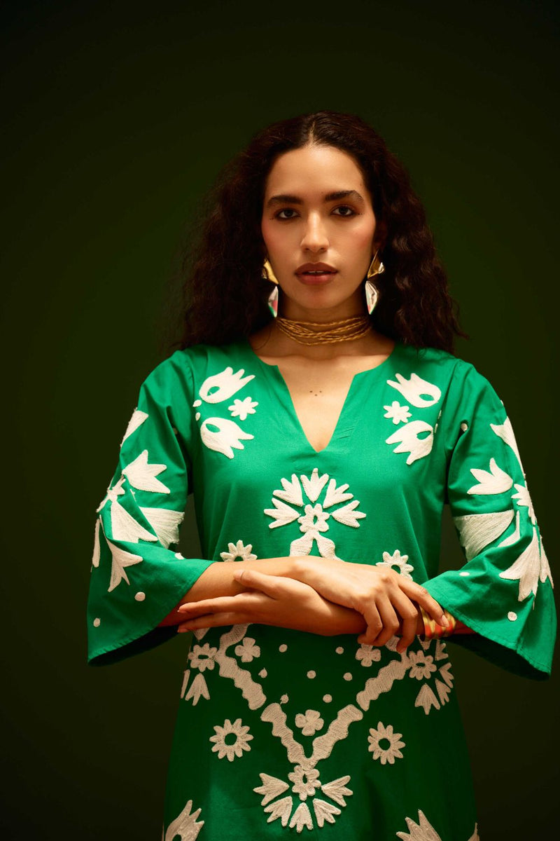 Avocado Green With Ivory Sitara Thread Embroidery Cotton Maxi Dress poplin by Indian Summer Story in green color for women Worldwide