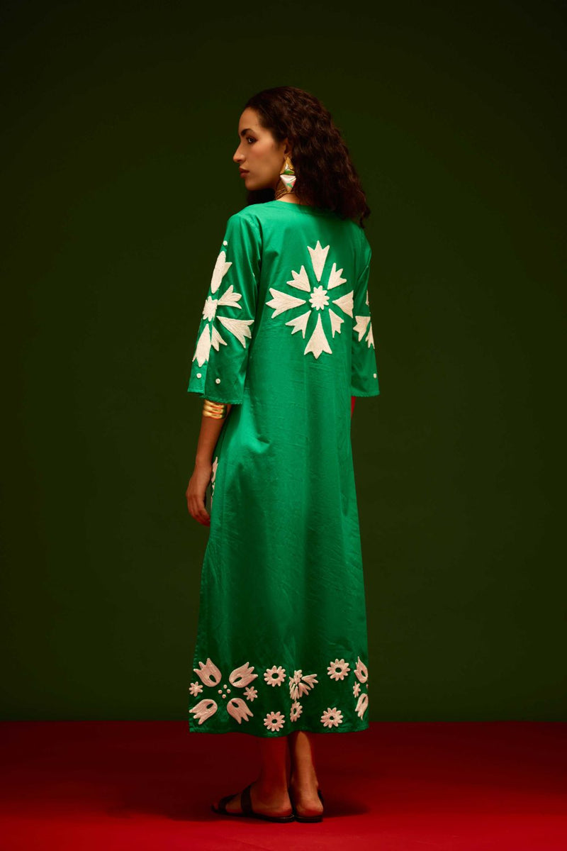 Avocado Green With Ivory Sitara Thread Embroidery Cotton Maxi Dress poplin by Indian Summer Story in green color for women Worldwide