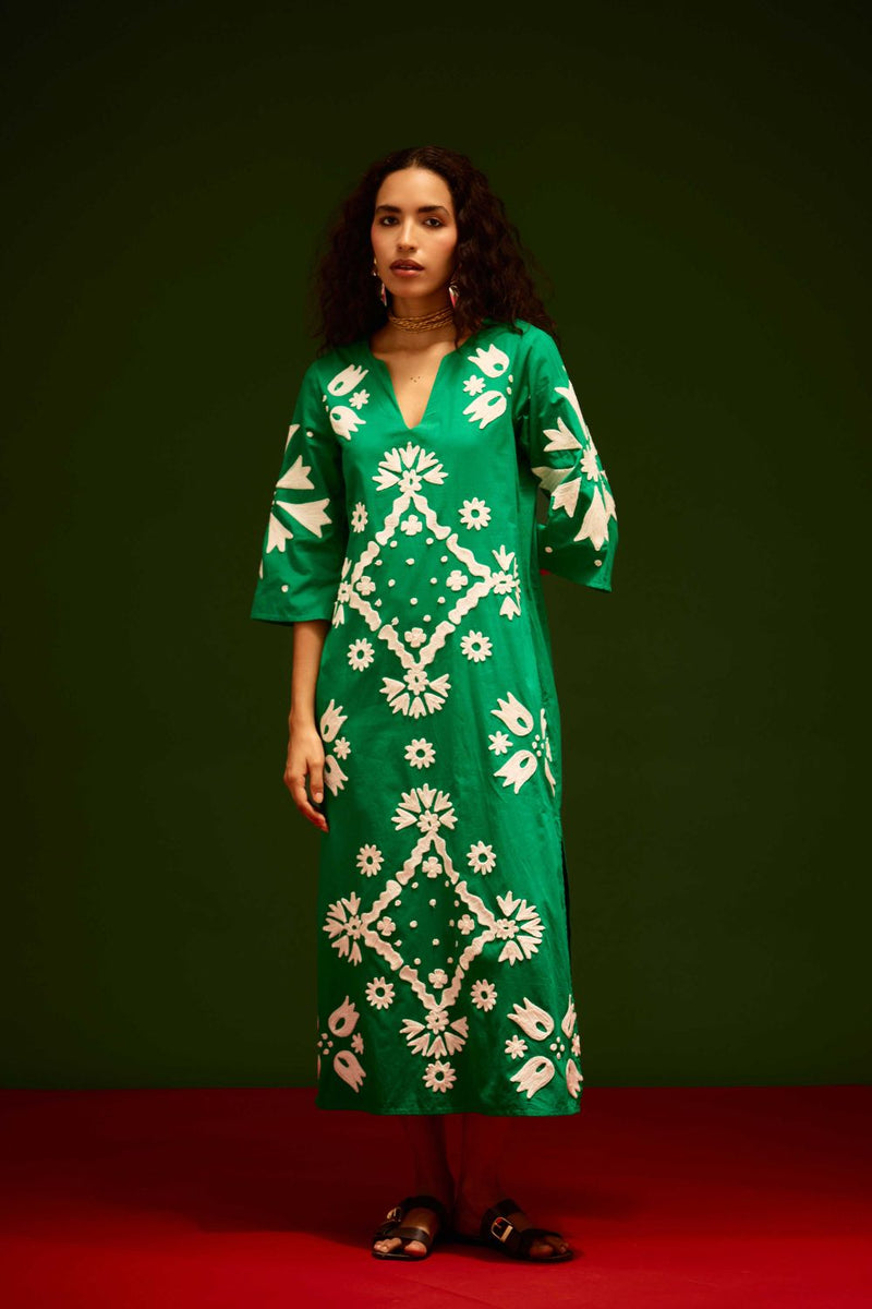 Avocado Green With Ivory Sitara Thread Embroidery Cotton Maxi Dress poplin by Indian Summer Story in green color for women Worldwide