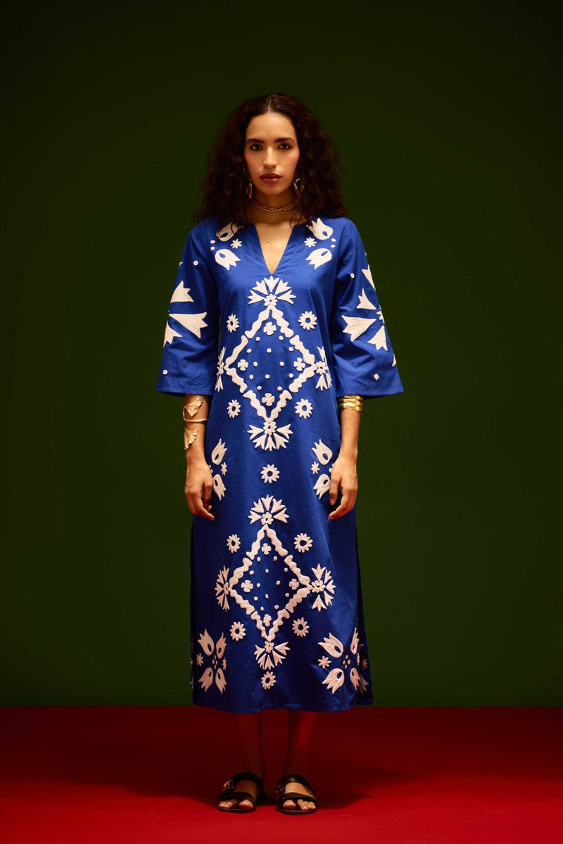 Blue With Ivory Sitara Thread Embroidery Cotton Maxi Dress poplin by Indian Summer Story in blue color for women Worldwide