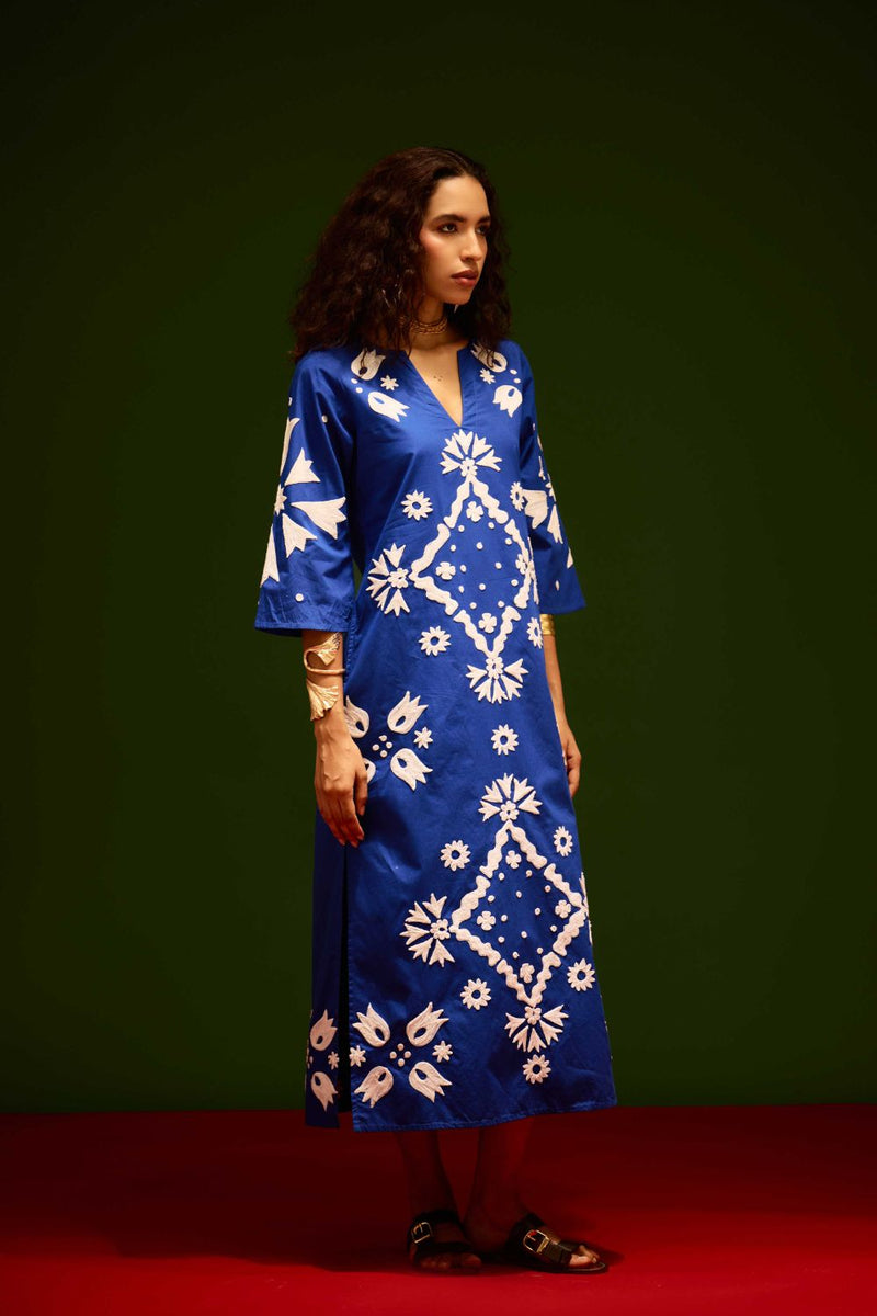 Blue With Ivory Sitara Thread Embroidery Cotton Maxi Dress poplin by Indian Summer Story in blue color for women Worldwide