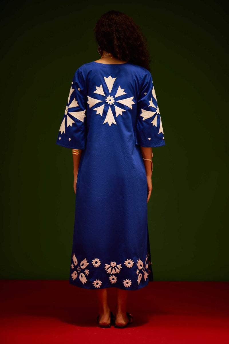 Blue With Ivory Sitara Thread Embroidery Cotton Maxi Dress poplin by Indian Summer Story in blue color for women Worldwide