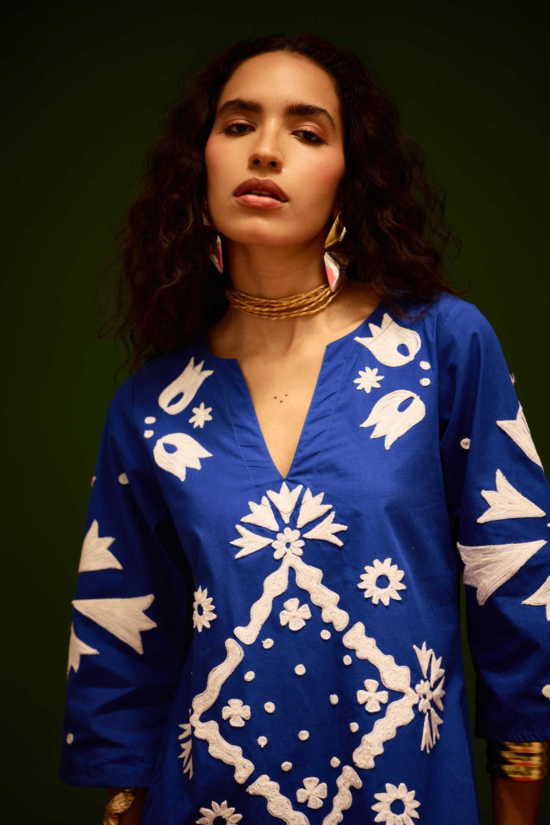 Blue With Ivory Sitara Thread Embroidery Cotton Maxi Dress poplin by Indian Summer Story in blue color for women Worldwide