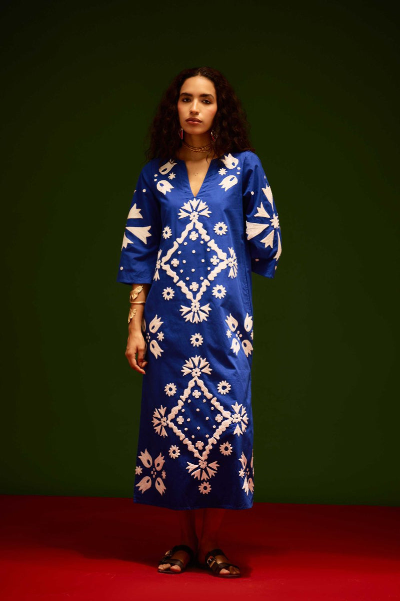 Blue With Ivory Sitara Thread Embroidery Cotton Maxi Dress poplin by Indian Summer Story in blue color for women Worldwide