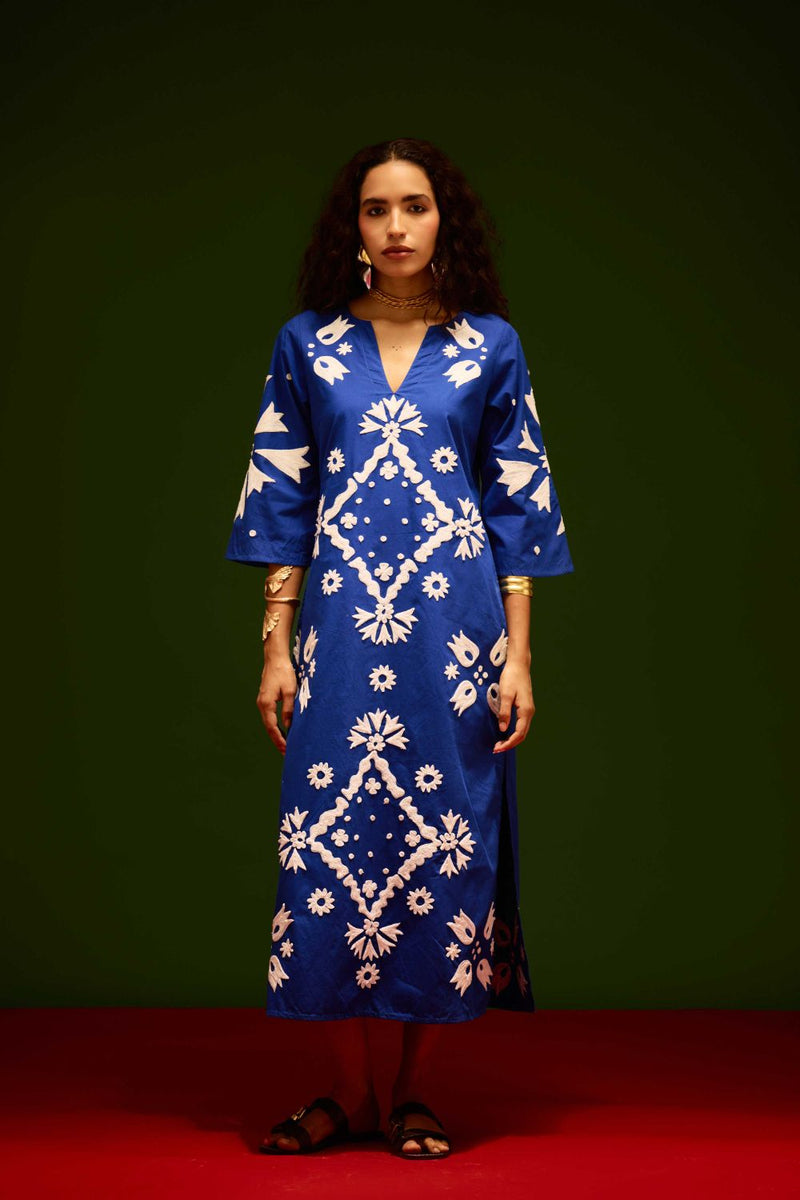 Blue With Ivory Sitara Thread Embroidery Cotton Maxi Dress poplin by Indian Summer Story in blue color for women Worldwide
