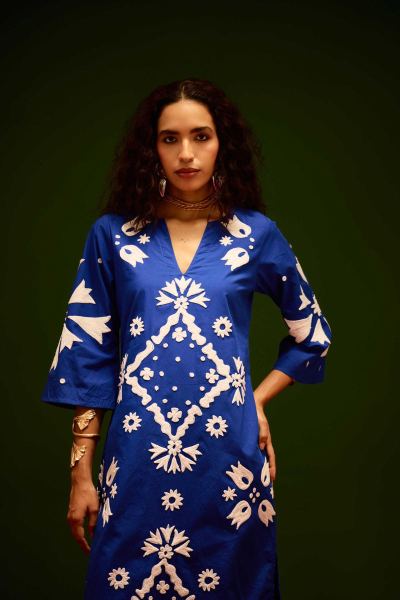 Blue With Ivory Sitara Thread Embroidery Cotton Maxi Dress poplin by Indian Summer Story in blue color for women Worldwide